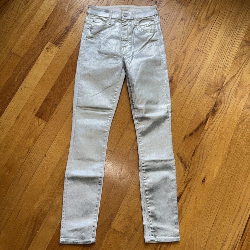 Mother Jeans 24 Silver Linings High Waisted Looker‎ Ankle Skinny USA Metallic